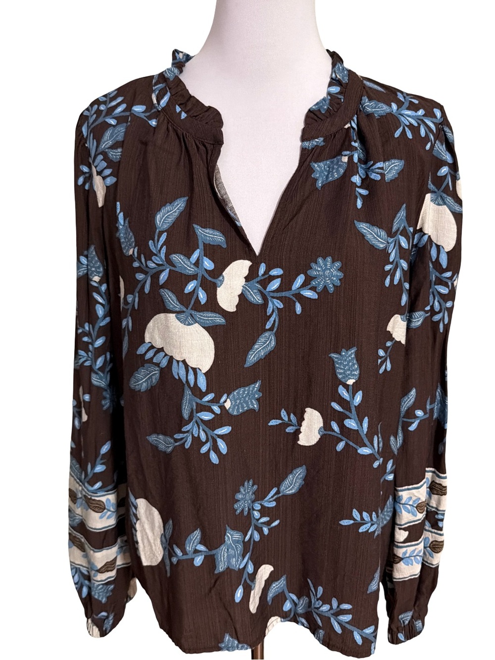 LOFT Brown Floral V-Neck Long Sleeve Blouse with Blue & Cream Print
